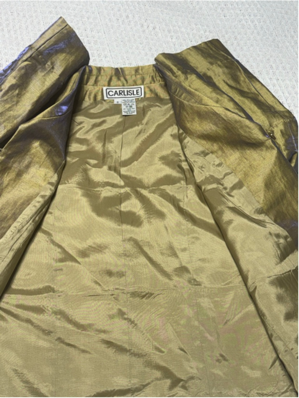 Vintage Carlisle Irridescent Metallic Gold/Olive Green 85% Linen Jacket Size 6 - Picture 7 of 8